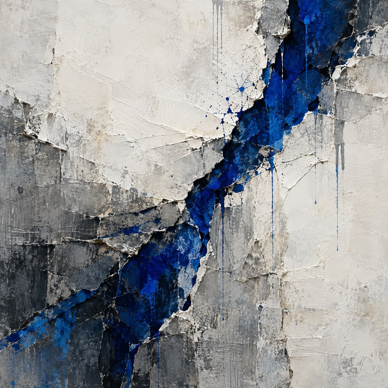 Una fisura azul atraviesa una superficie abstracta blanca y gris de intensa textura