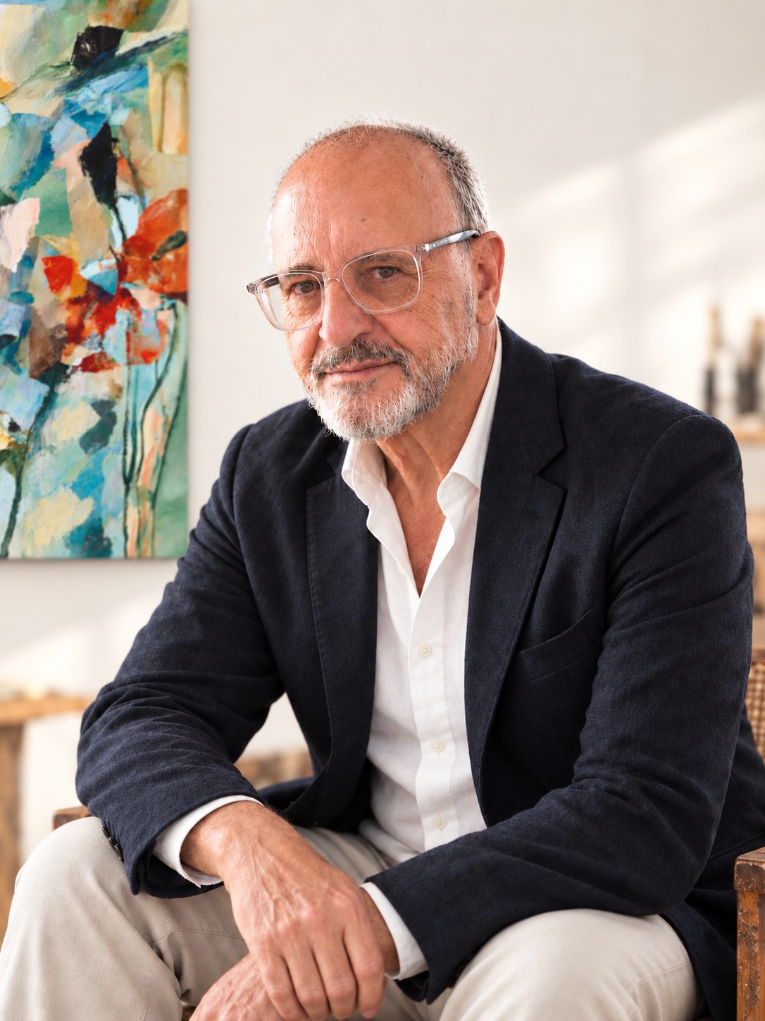 Lorenzo Esteban sentado junto a una obra abstracta de color