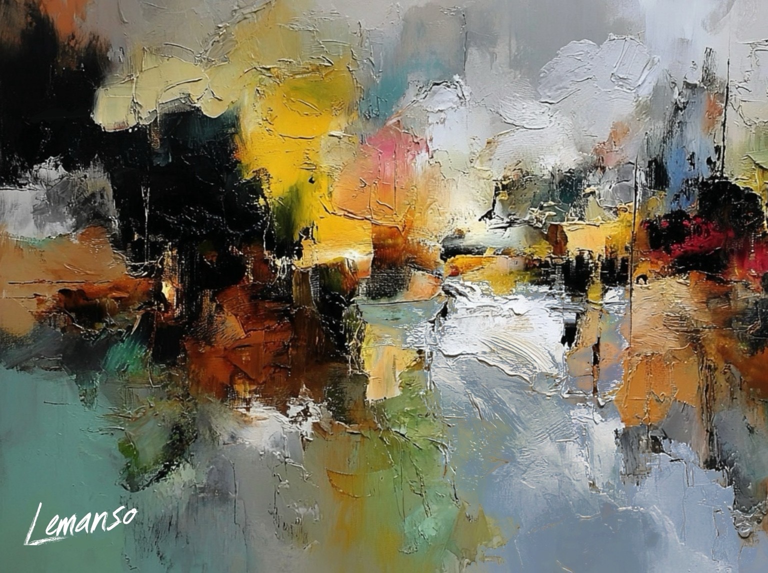 Composición de blancos, amarillos, negros y tierras con reflejos de luz