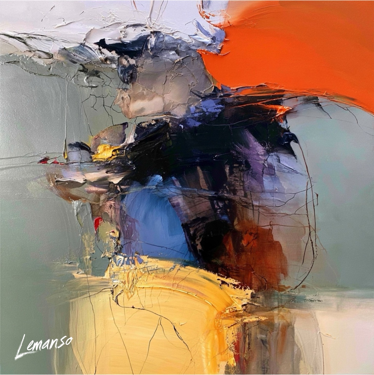 Masas de pintura con contraste entre naranja, azul oscuro y gris