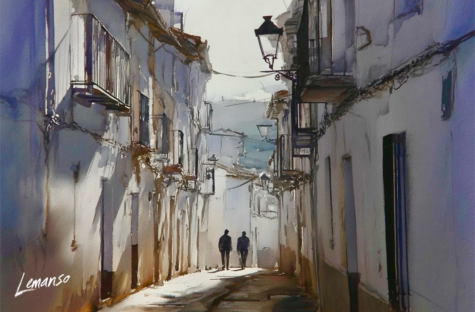 Interpretación artística de una calle de Higuera, con fachadas blancas y dos figuras al fondo